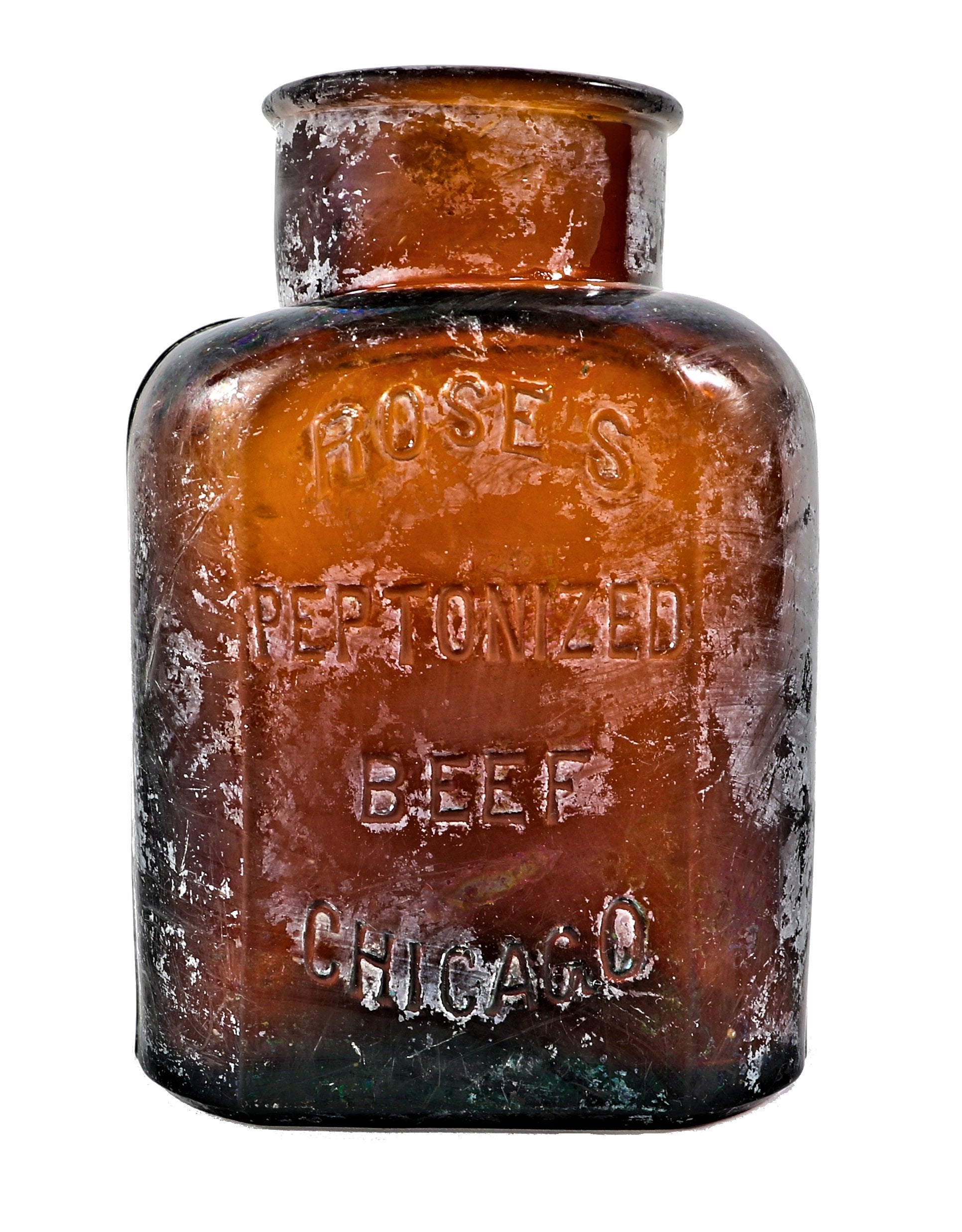 all original antique dug c. 1880's-1890's deep amber glass medicine bottle manufactured for preston b. rose in chicago, il.