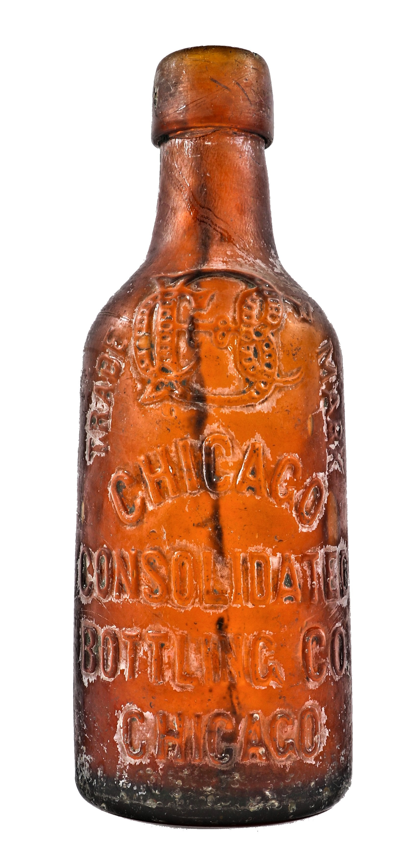 hard to find late nineteenth century privy dug and intact amber blobtop bottle fabricated for the chicago consolidated bottling company
