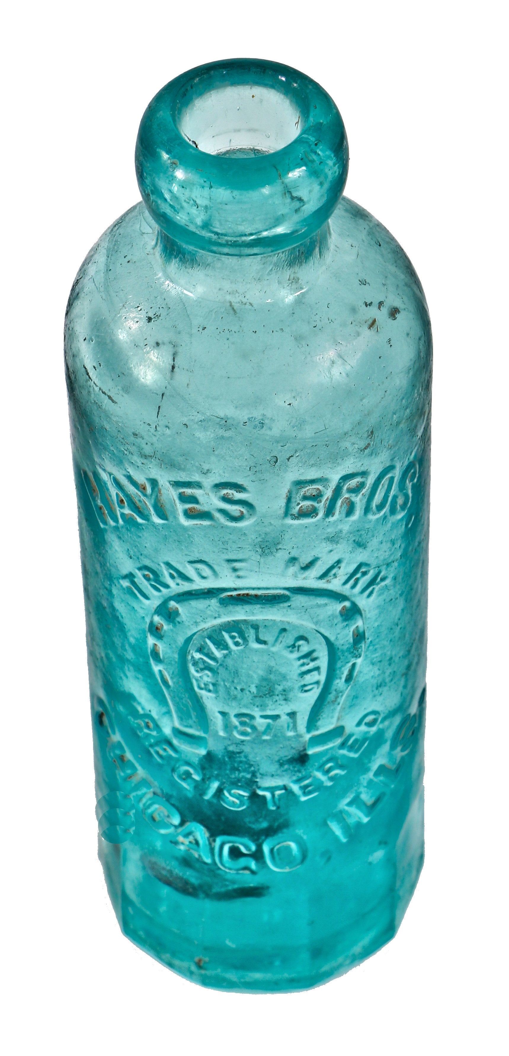 hard to find original privy dug late nineteenth century light aqua hutchinson style soda bottle with mug base manufactured for the hayes brothers in chicago, illinois