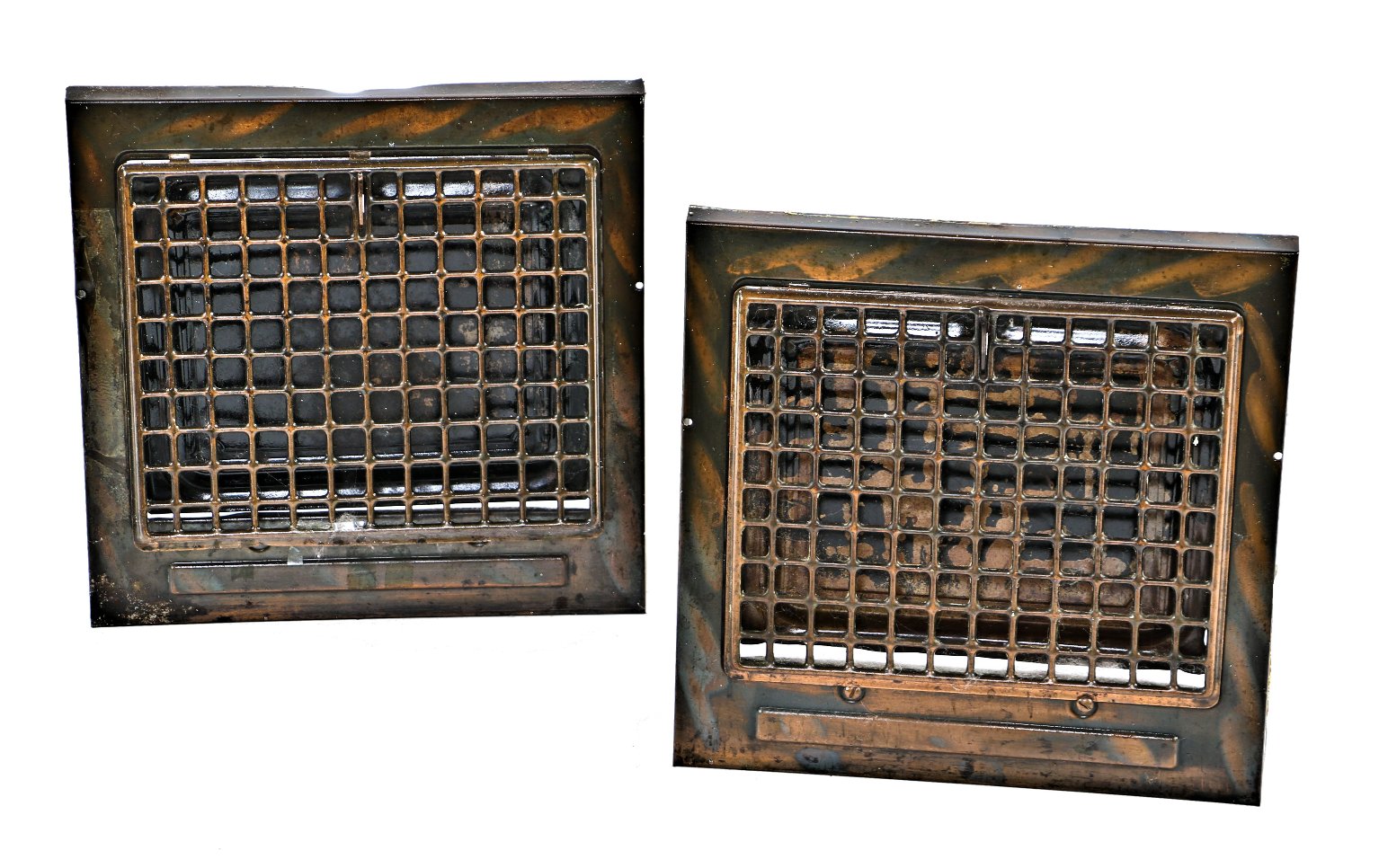 pair of original early 20th century salvaged chicago copper-plated pressed and stamped steel interior residential baseboard registers with single louvers