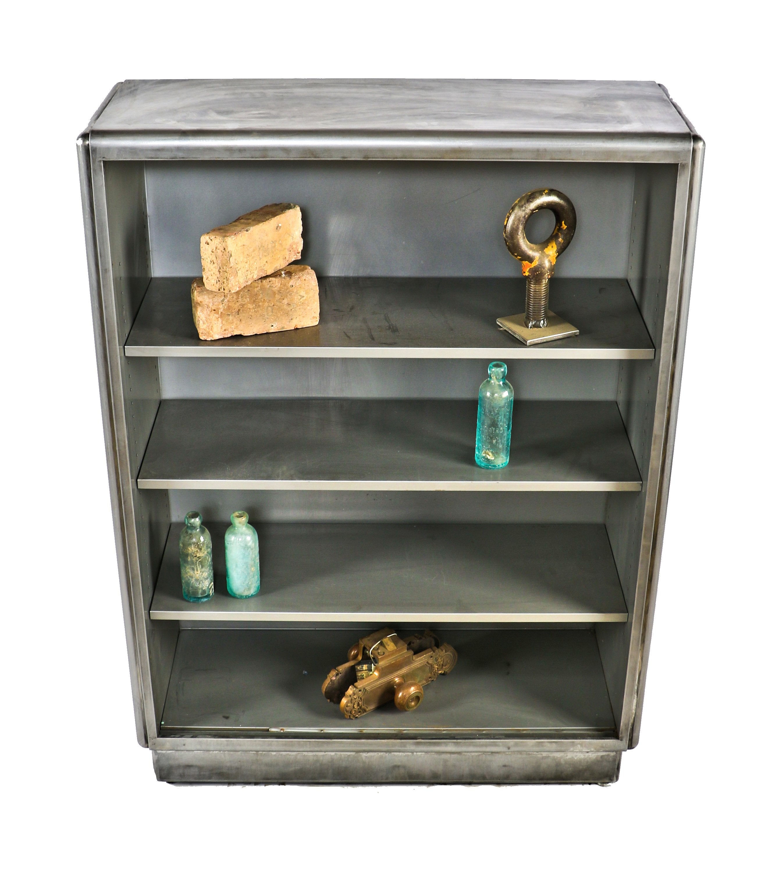 c. 1940's vintage american industrial "tanker" style reinforced heavy gauge brushed steel freestanding salvaged chicago crane brothers factory office display or book cabinet