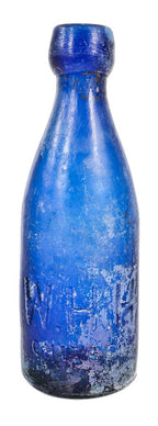 hard to find antique american nineteenth century privy dug cobalt blue glass w.h.h. soda style bottle fabricated for chicago bottling giant william h. hutchinson.