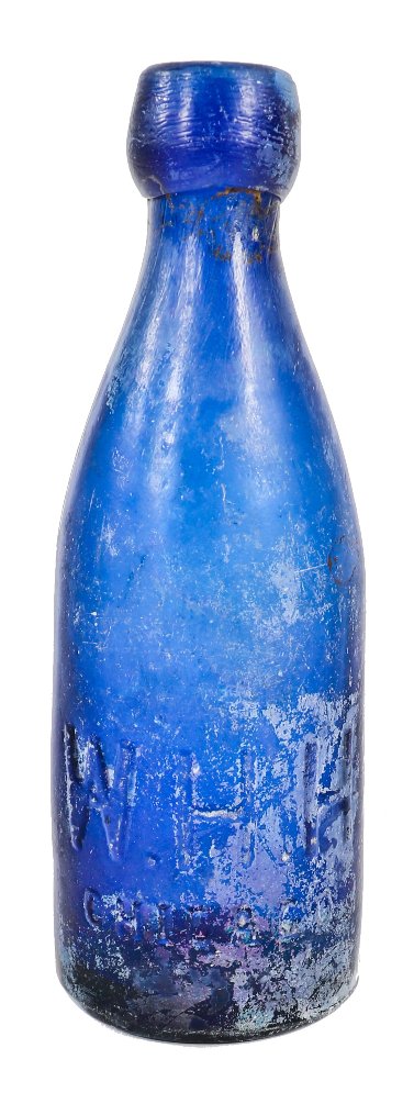 hard to find antique american nineteenth century privy dug cobalt blue glass w.h.h. soda style bottle fabricated for chicago bottling giant william h. hutchinson.