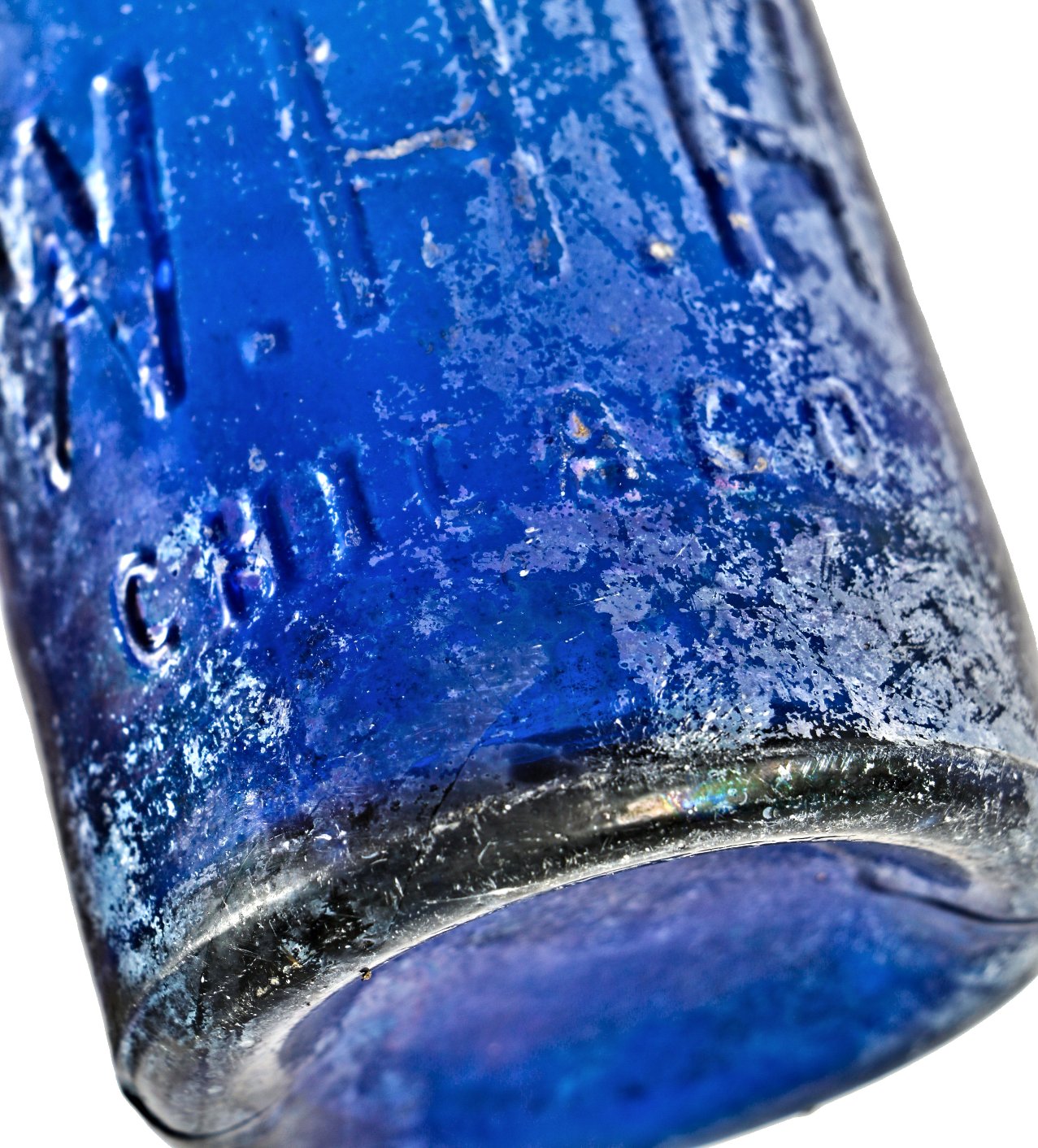hard to find antique american nineteenth century privy dug cobalt blue glass w.h.h. soda style bottle fabricated for chicago bottling giant william h. hutchinson.