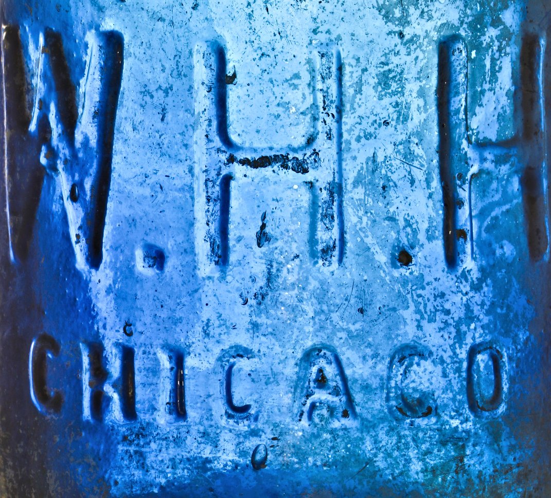 hard to find antique american nineteenth century privy dug cobalt blue glass w.h.h. soda style bottle fabricated for chicago bottling giant william h. hutchinson.