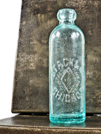 single hard to find and intact american industrial antique c. 1880-1905 privy dug aqua glass hutchinson blobtop manufactured in pittsburgh for chicago bottler stack & company.