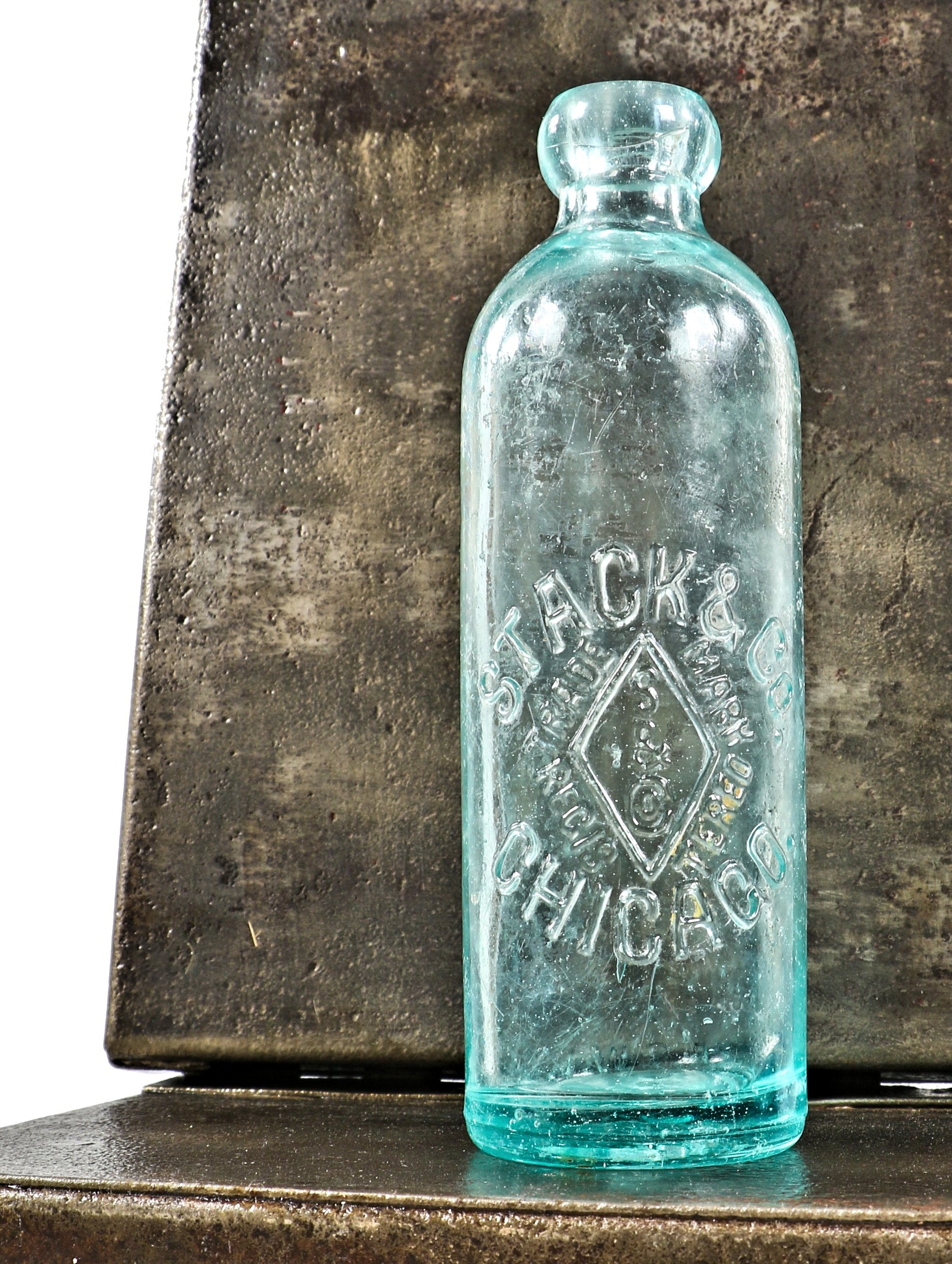single hard to find and intact american industrial antique c. 1880-1905 privy dug aqua glass hutchinson blobtop manufactured in pittsburgh for chicago bottler stack & company.