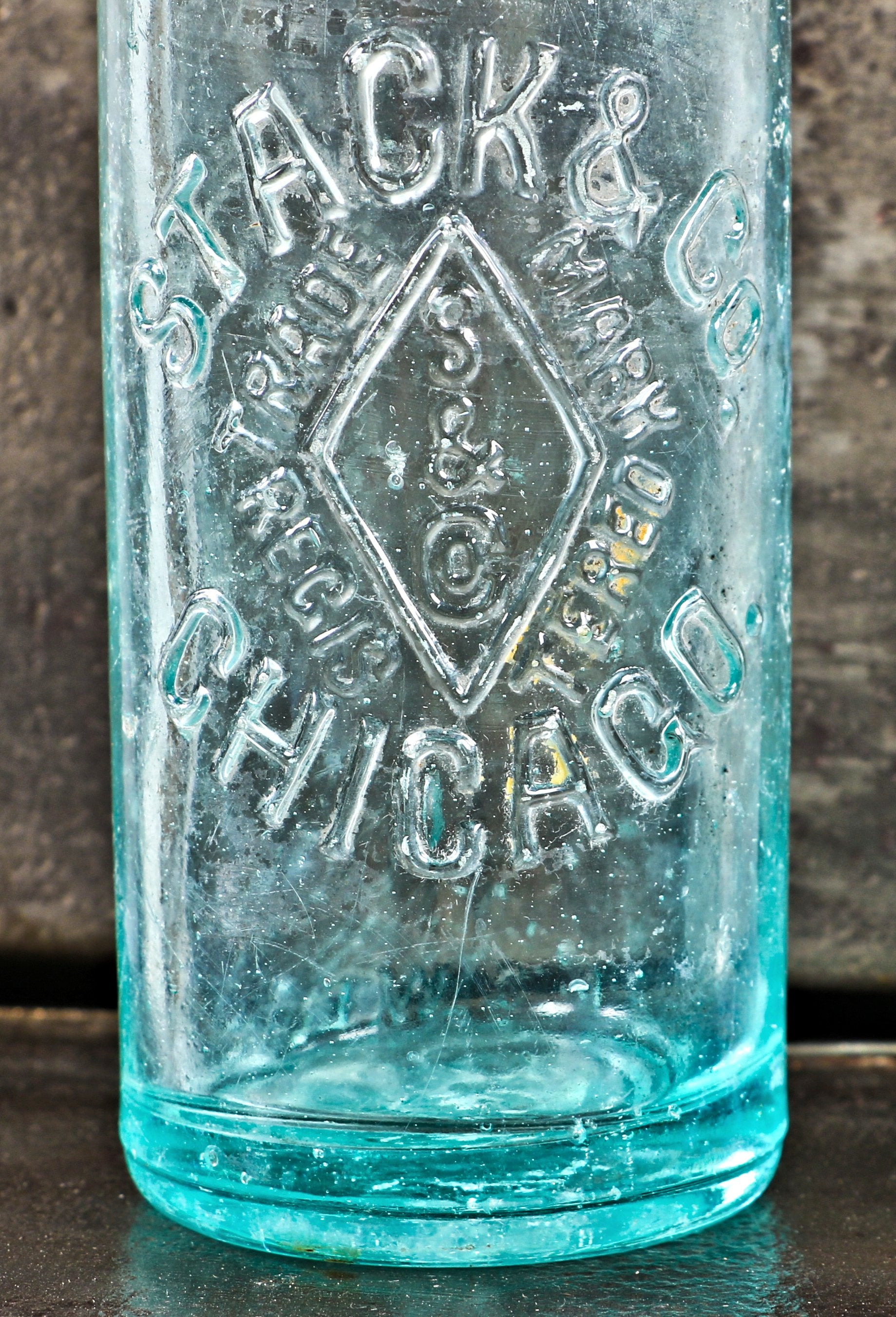 single hard to find and intact american industrial antique c. 1880-1905 privy dug aqua glass hutchinson blobtop manufactured in pittsburgh for chicago bottler stack & company.