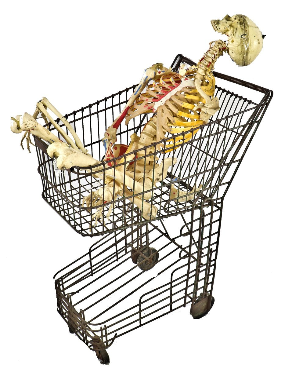 very unusual 1940's american antique machine age reinforced heavy gauge galvanized steel mobile grocery shopping cart with coiled handle