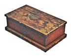 nicely weathered reinforced painted pine wood civil war-era carpenter's tool chest with riveted strap hinges and distinctive exterior metal plaques