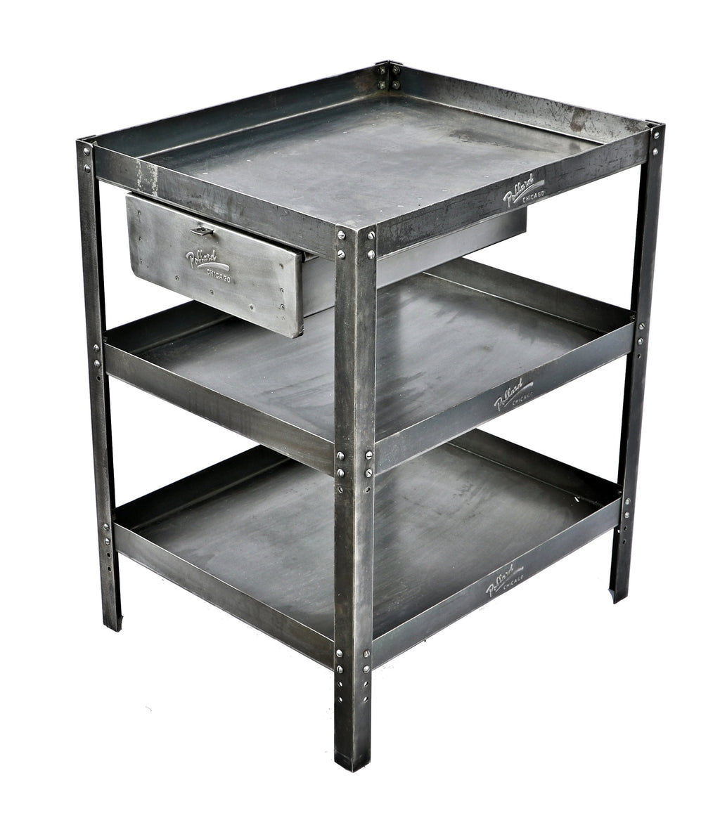 refinished late 1940's vintage american industrial original and intact three-tier stationary angled iron tool stand with raised edge shelves and a single sliding drawer