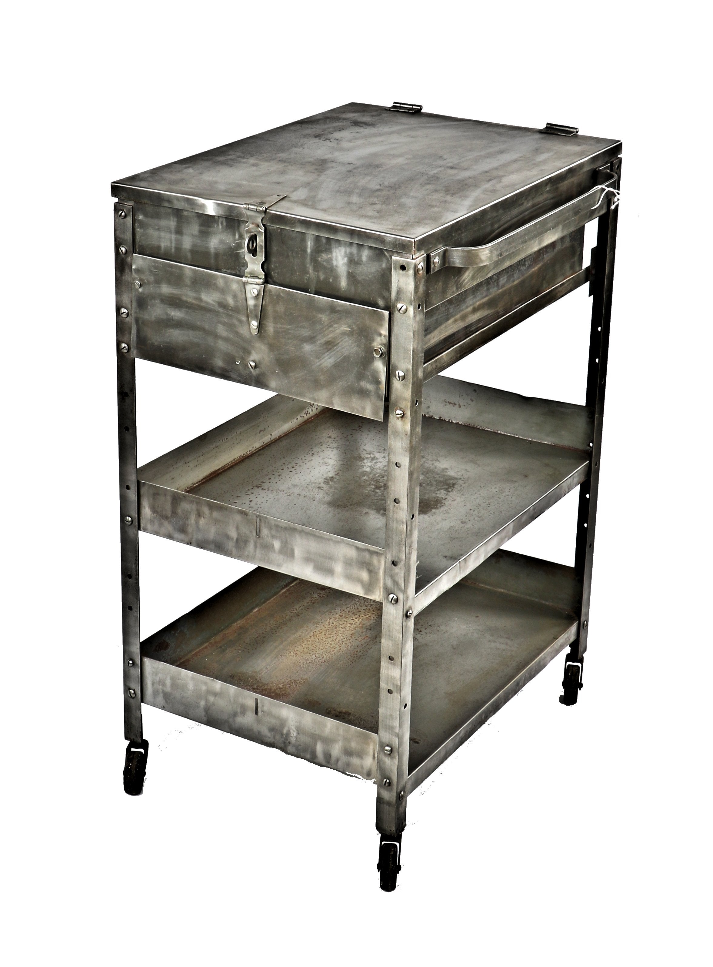 slightly modified c. 1940's vintage american industrial two-tier heavy duty brushed steel mobile factory cart with pull-out drawer and concealed hinged top compartment