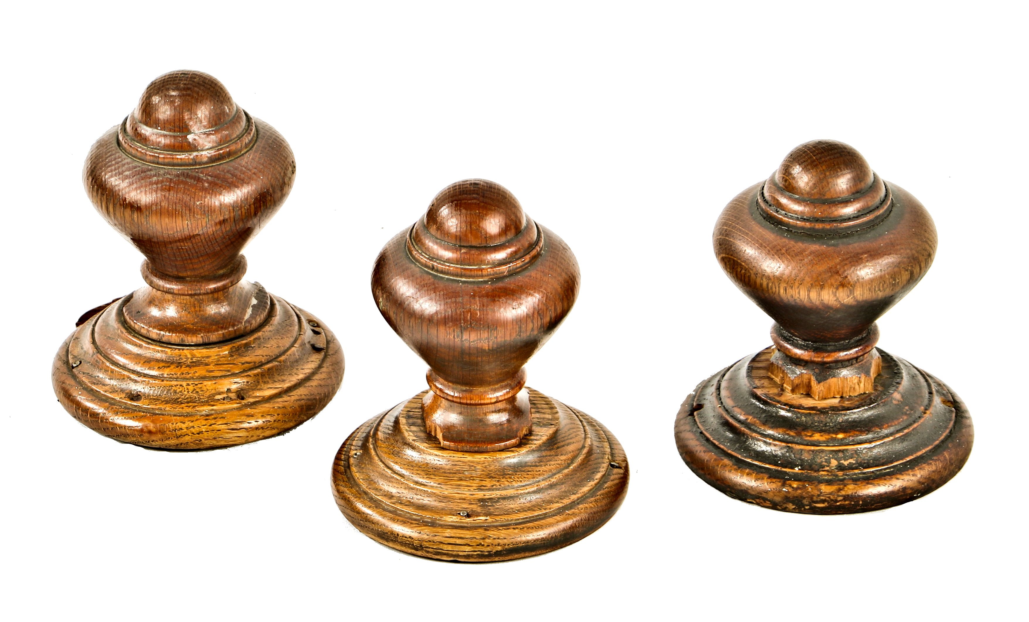 three largely intact and all original solid varnished oak wood interior residential salvaged chicago staircase newel post "acorn" caps or finials