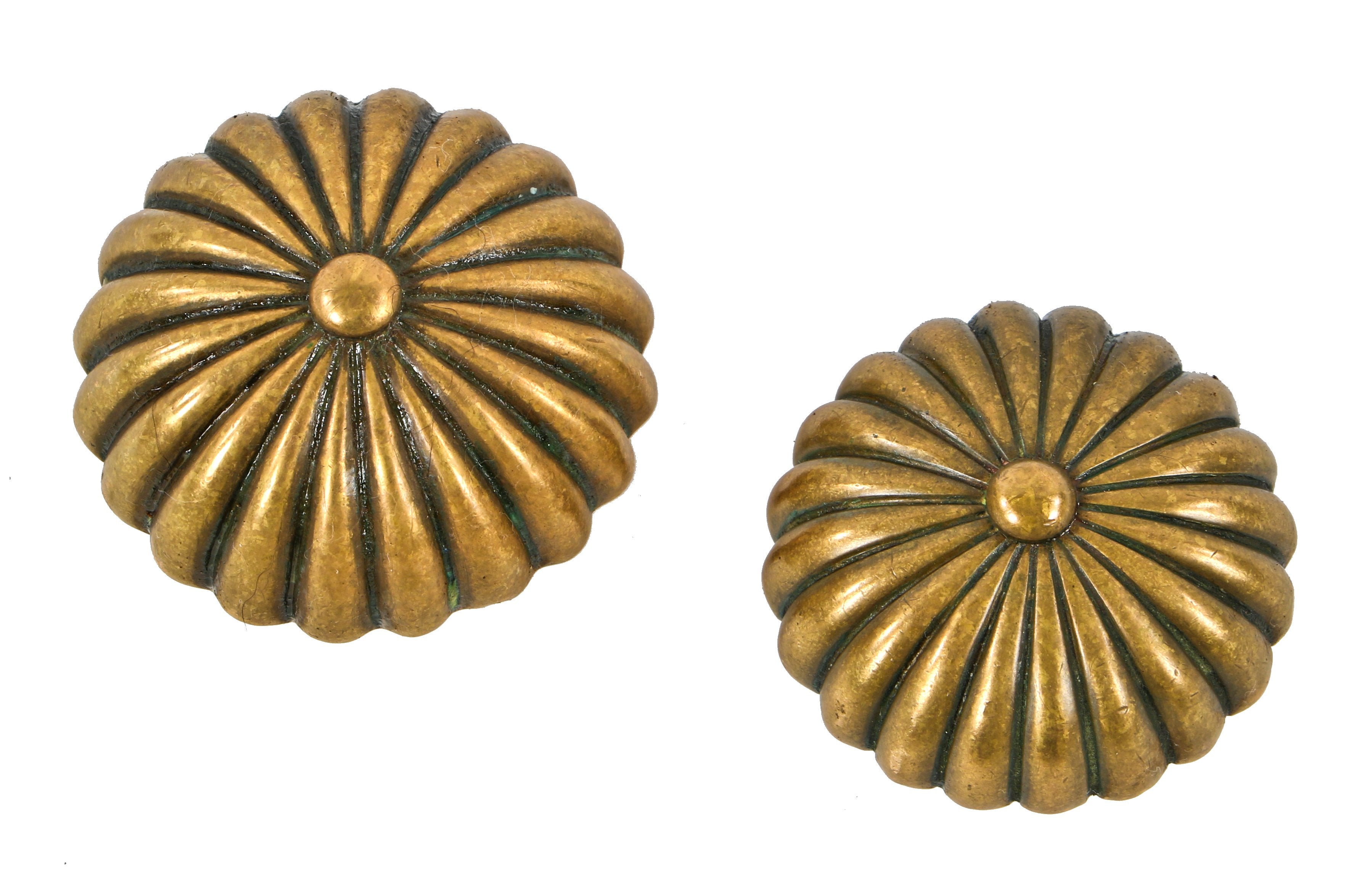 exterior late 19th century ornamental cast bronze "falmouth" pattern deeply grooved american antique doorknobs with a nicely aged surface patina