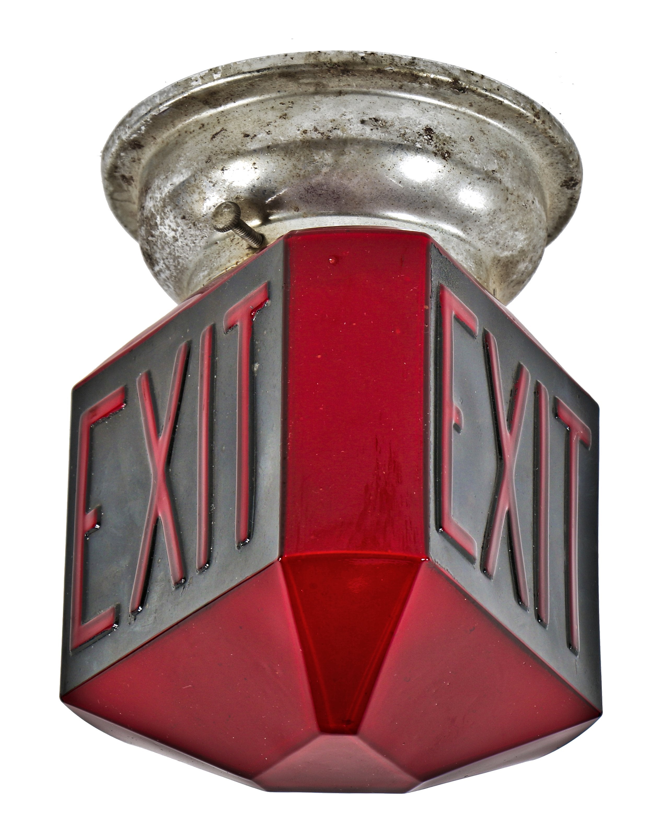 hard to find and highly sought after multi-faceted american art deco ruby red illuminated commercial building or theater lobby exit light fixture