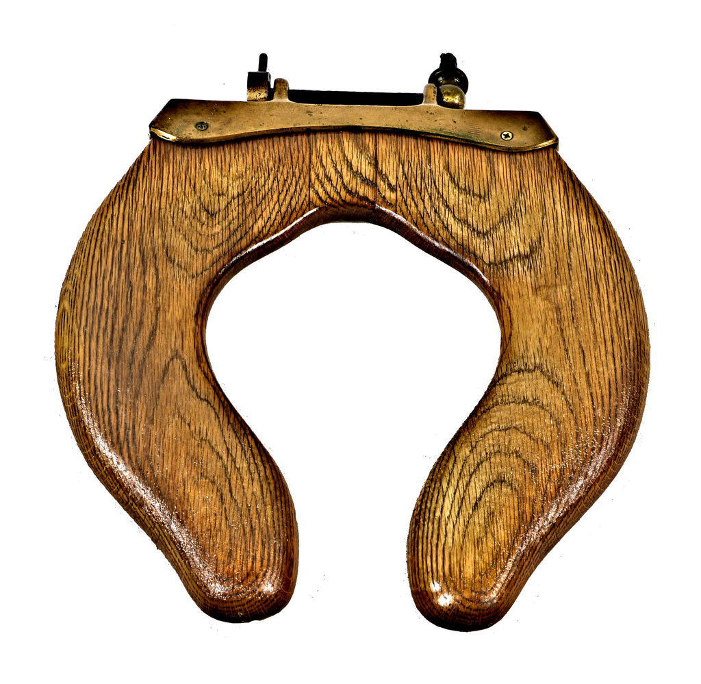 original c. 1890's antique american salvaged chicago solid oak wood residential bathroom water closet or toilet seat with intact cast bronze mounting bracket