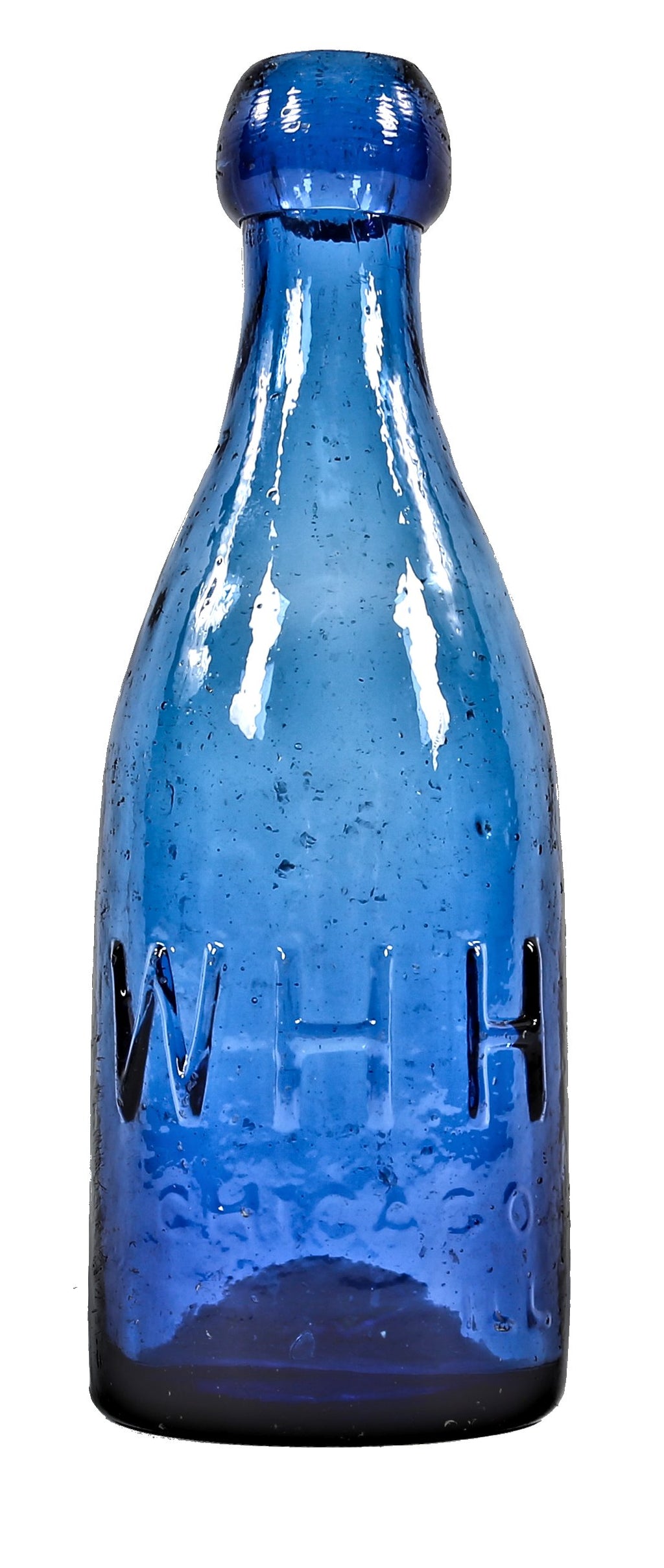 rare and highly collectible antique mid-nineteenth century cobalt blue glass blobtop soda bottle fabricated for chicago bottling giant william henry hutchinson.