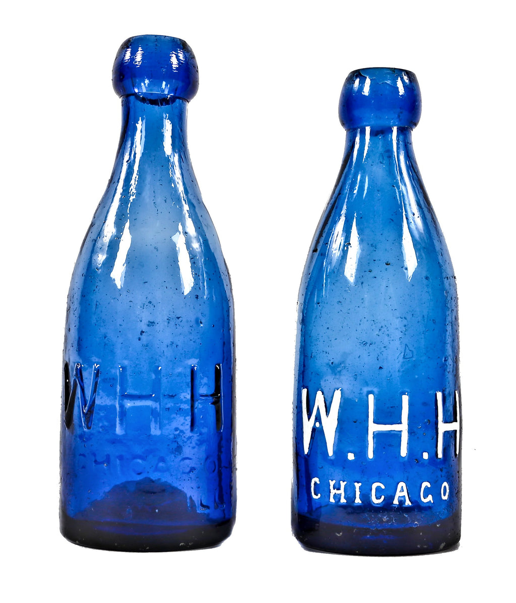 rare and highly collectible antique mid-nineteenth century cobalt blue glass blobtop soda bottle fabricated for chicago bottling giant william henry hutchinson.