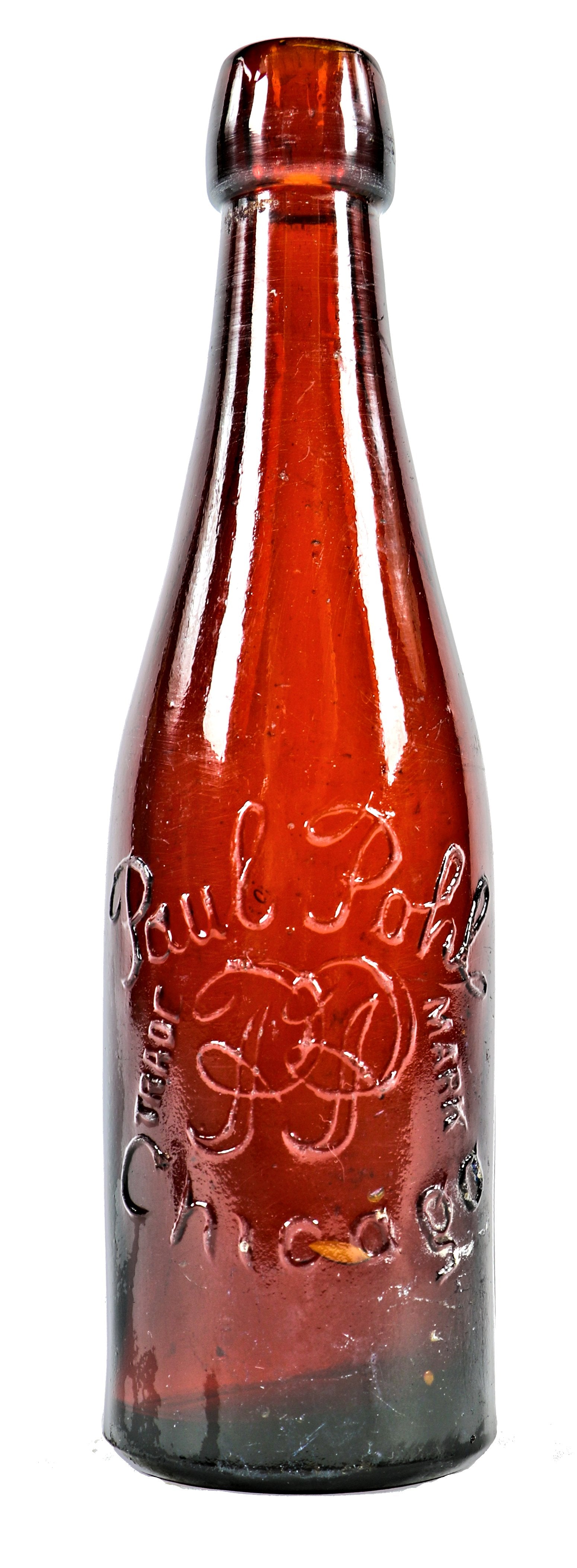 single original and completely intact late nineteenth century reddish amber glass weiss beer bottle manufactured for paul pohl in chicago, il.
