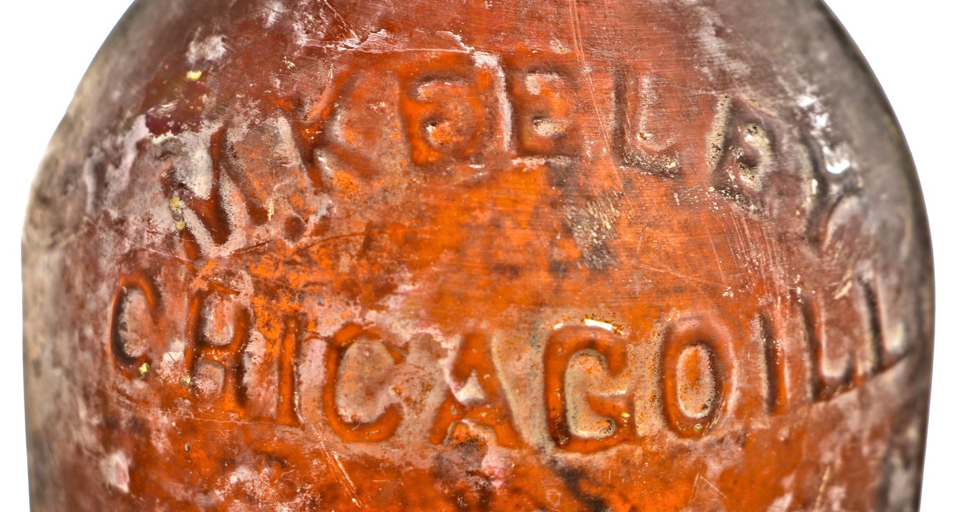 single rare and all original antique late 1850's century privy dug quart size amber colored glass ale bottle fabricated for michael keeley in chicago, il.