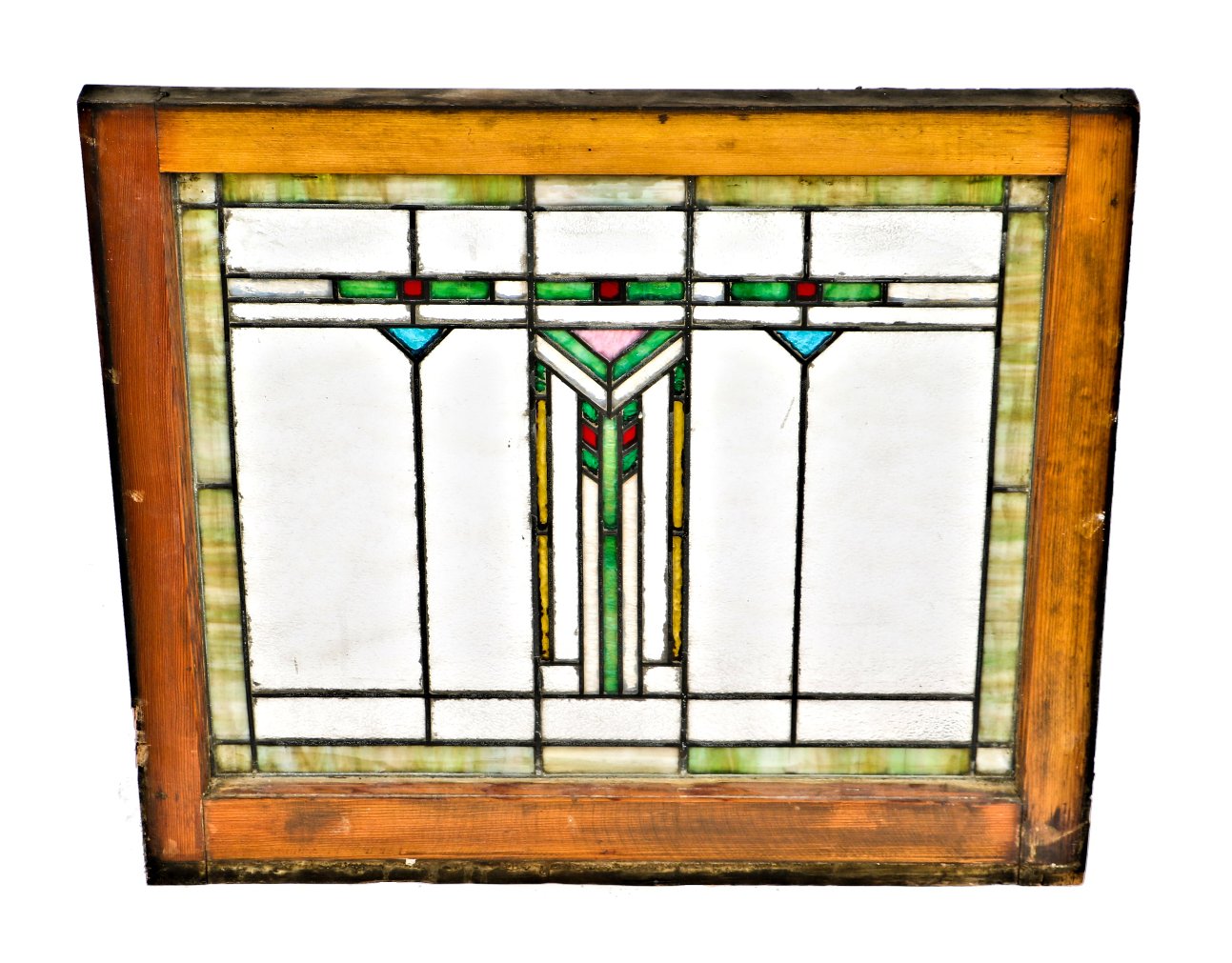 one of two matching c. 1900-1910 antique american "wrightesque" style stained glass salvaged chicago interior residential windows featuring chevron motifs