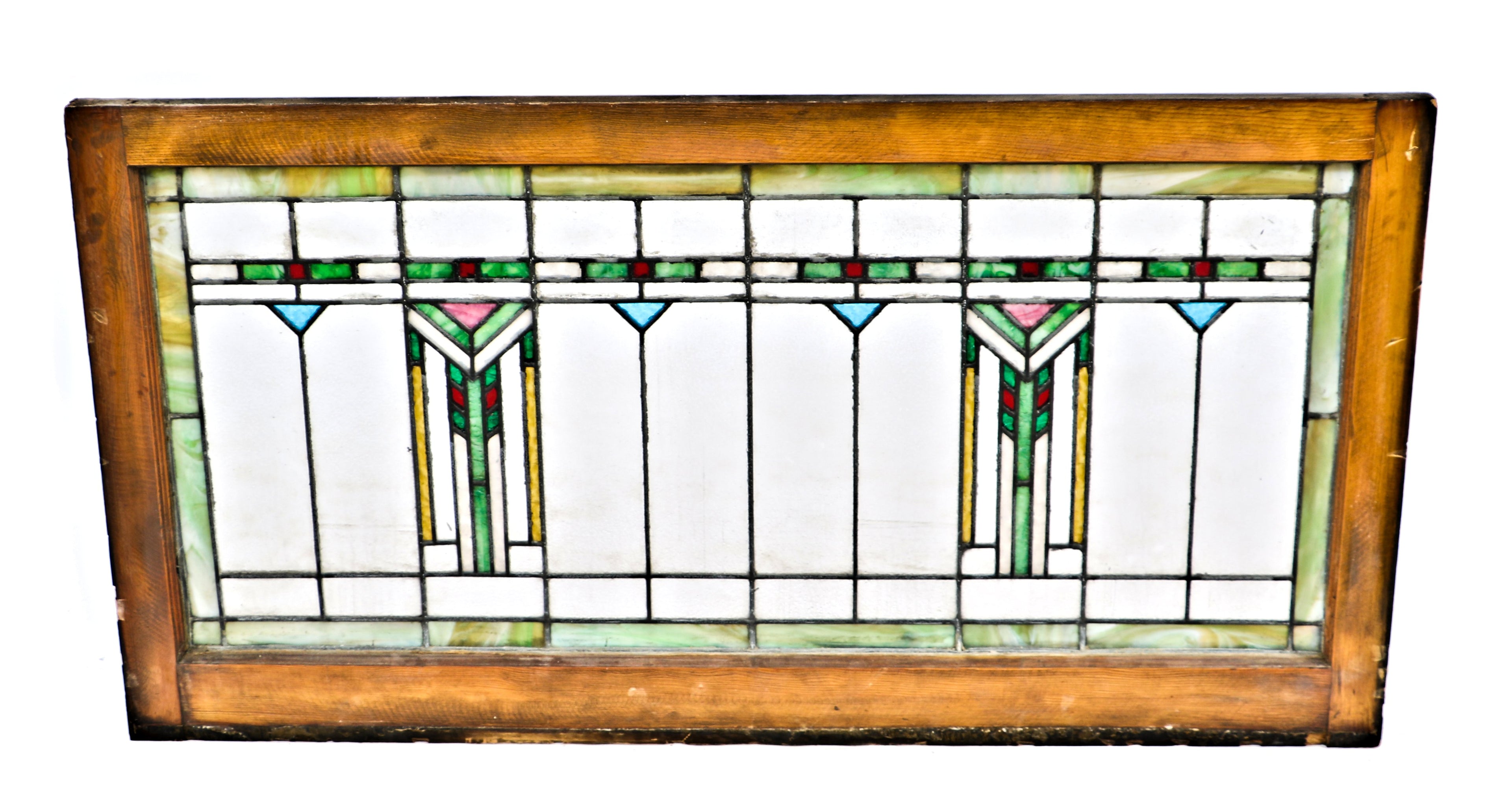original and completely intact c. 1900-1910 antique american "wrightesque" style stained glass salvaged chicago transom window with chevron motifs