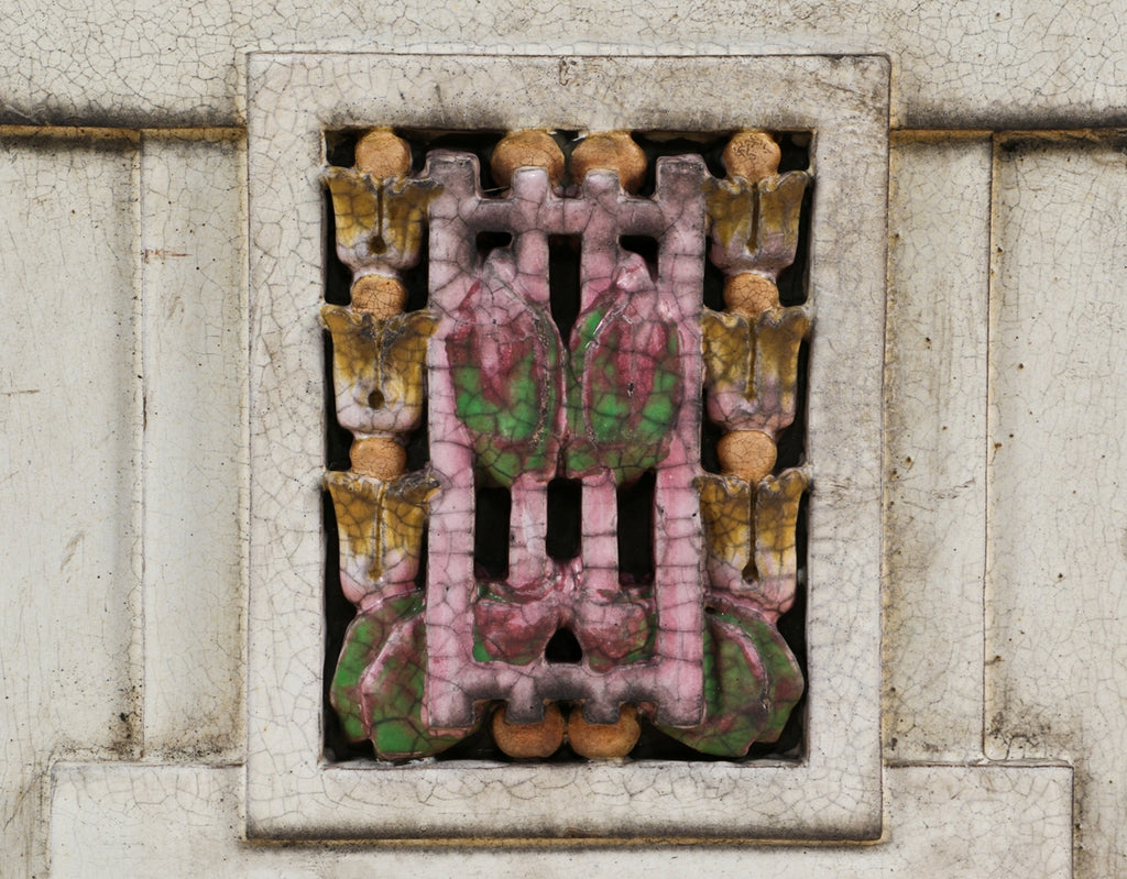 rare all original oversized american c. 1920's-1930's polychromed glazed terra cotta chicago commerical building cornice panel featuring elegantly designed floral motifs