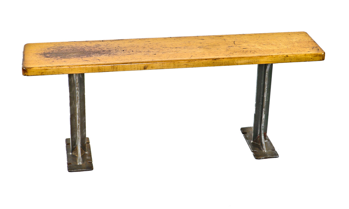 single late 1930's american industrial low-lying stationary "pollard brothers" cast iron and maple wood a. finkl & sons foundry robust locker room bench
