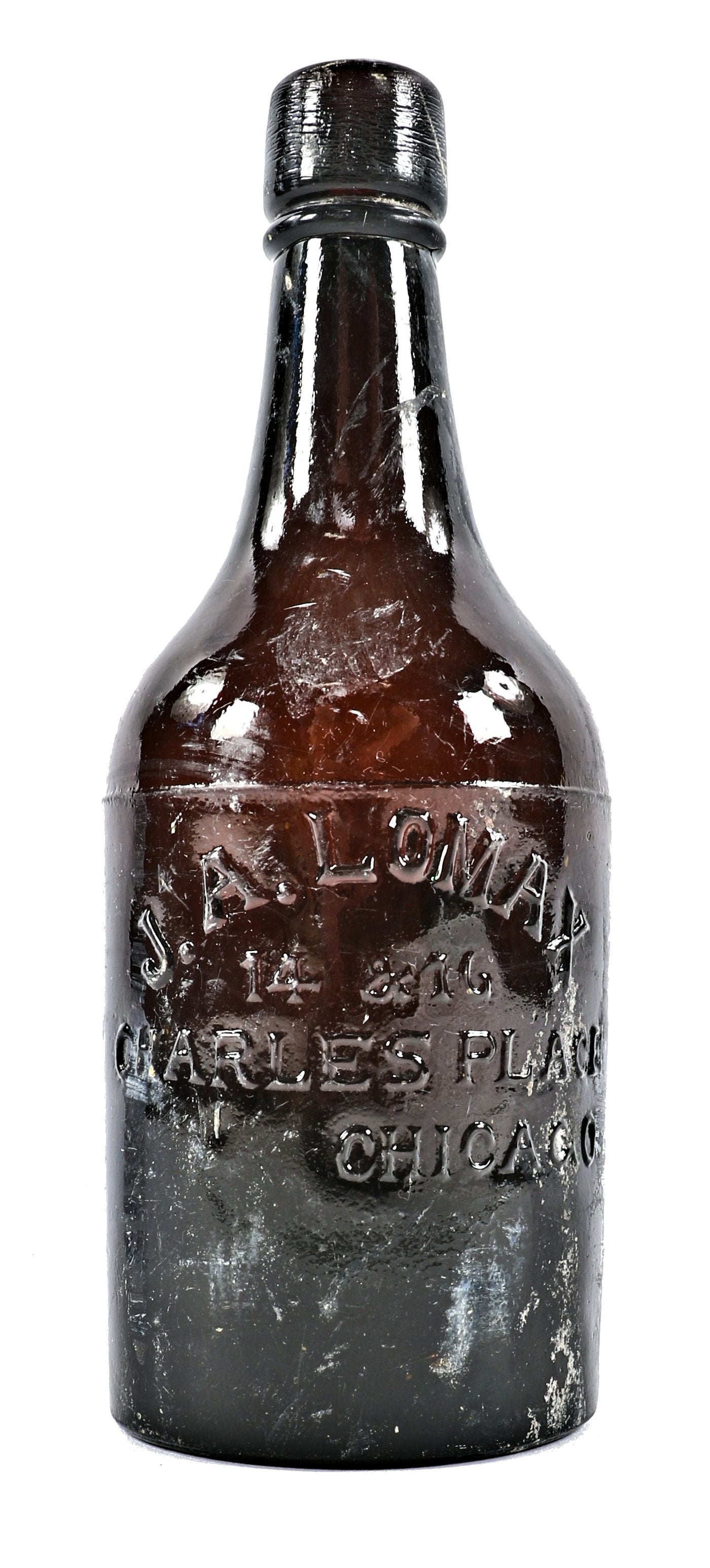 single original and hard to find privy dug antique late nineteenth century deep amber colored glass quart size ale or cider jar fabricated in pittsburgh for chicago bottling giant john a. lomax