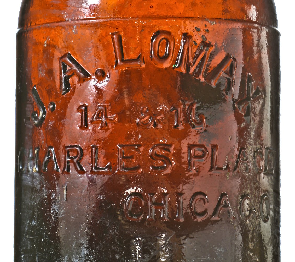 single original and hard to find privy dug antique late nineteenth century deep amber colored glass quart size ale or cider jar fabricated in pittsburgh for chicago bottling giant john a. lomax