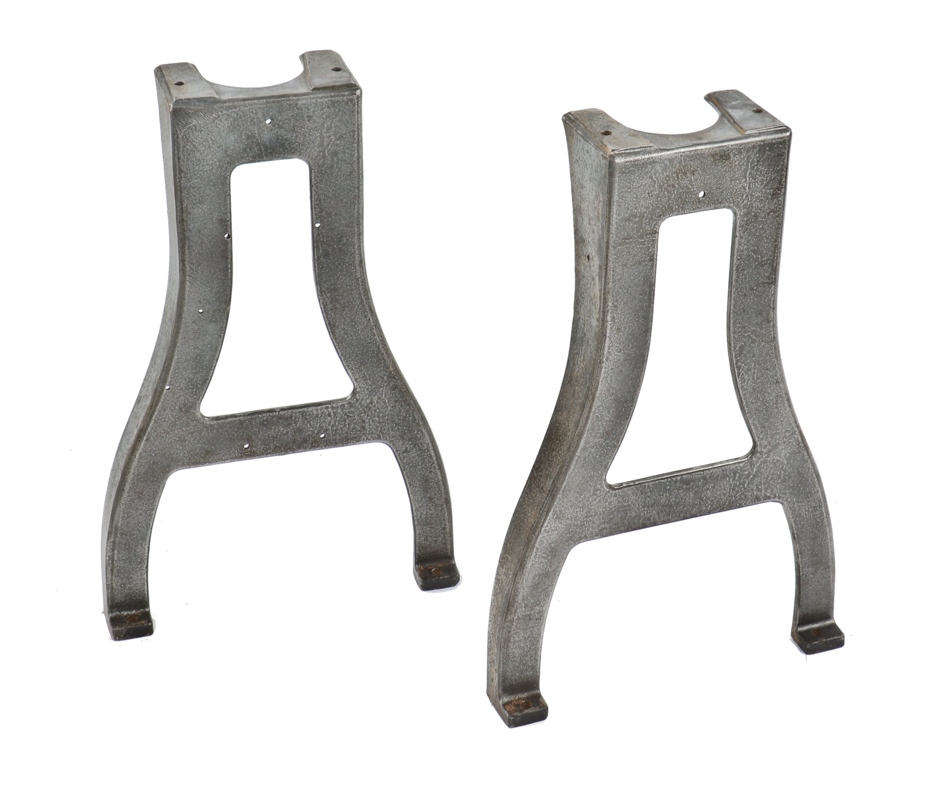 matching set of early 20th century antique american industrial curvaceous chicago factory machine shop lathe legs with a uniform brushed metal finish sealed with a clear coat lacquer