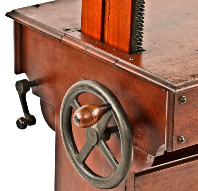 rare early 20th century all original and completely intact fully adjustable professional studio camera solid mahogany wood crank stand with cast iron wheel and locking lever