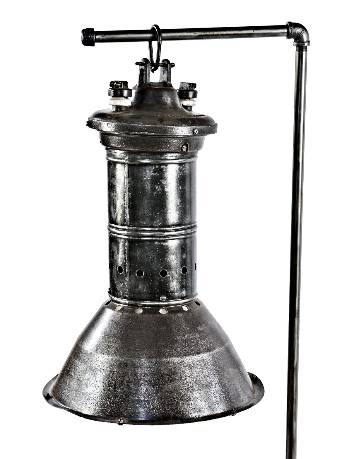 rare original early 20th century antique american industrial oversized early electric incandescent rolled iron factory pendant light with intact sectional silver-plated mirror reflectors