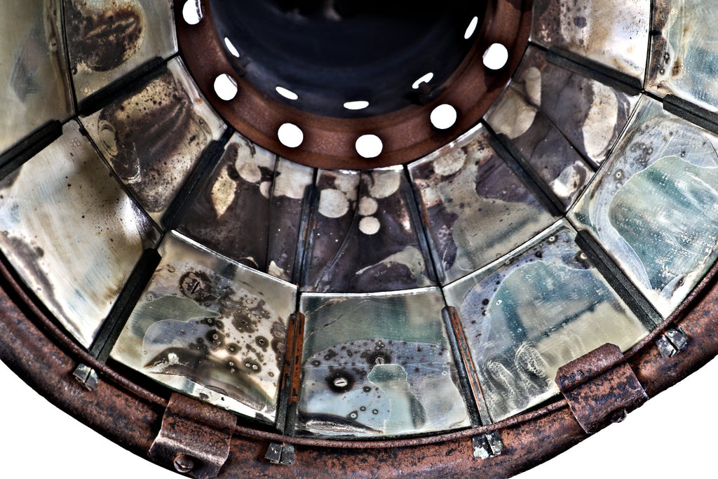 rare original early 20th century antique american industrial oversized early electric incandescent rolled iron factory pendant light with intact sectional silver-plated mirror reflectors