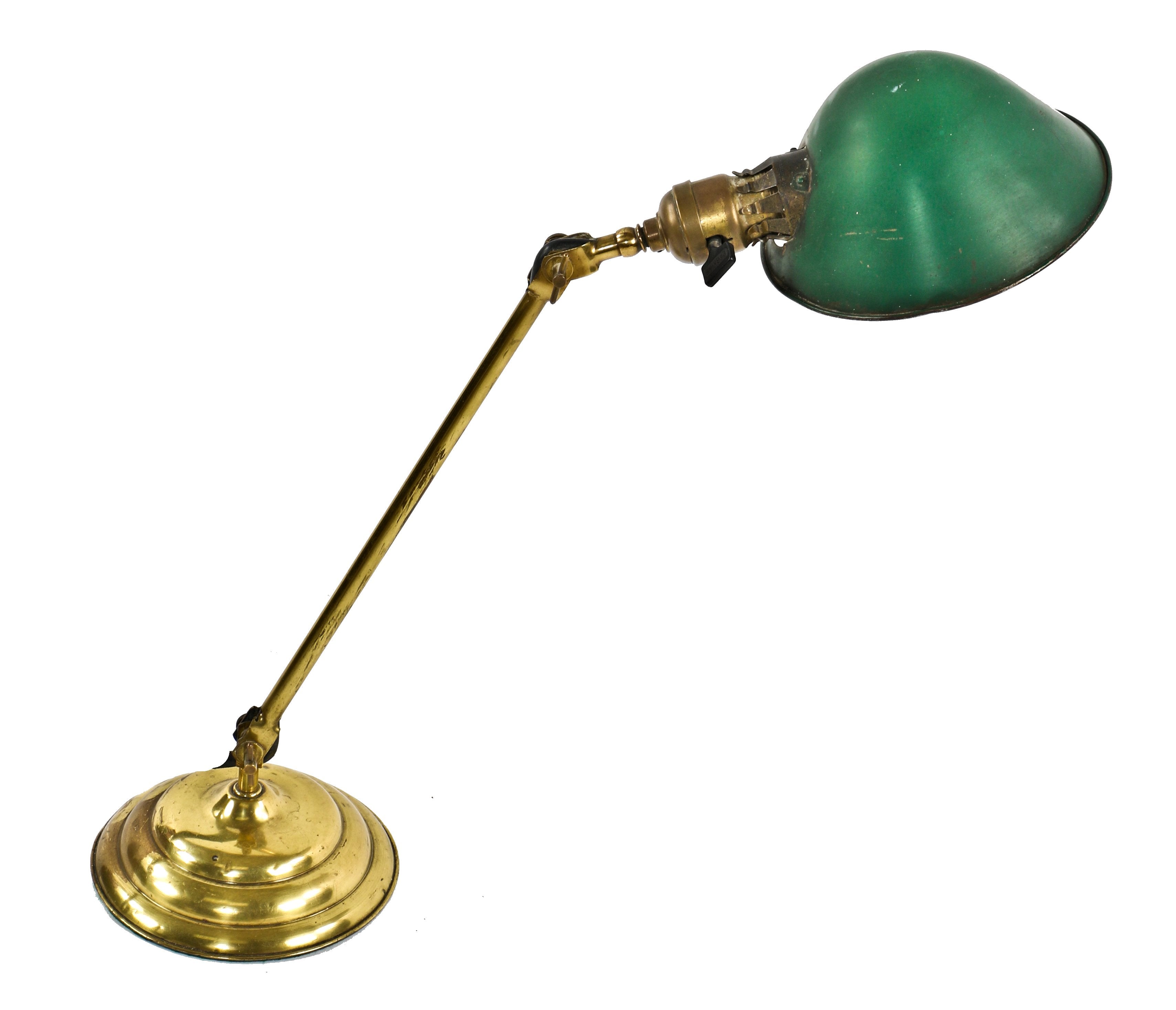 outstanding early 20th century heavy duty weighted portable faries factory office foreman's desk lamp with adjustable joints and original rolled rim green enameled shade or reflector