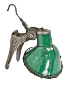highly sought after all original "save lamp" depression era portable service station green porcelain enameled reflector with refinished cast iron bracket and spring-loaded hook