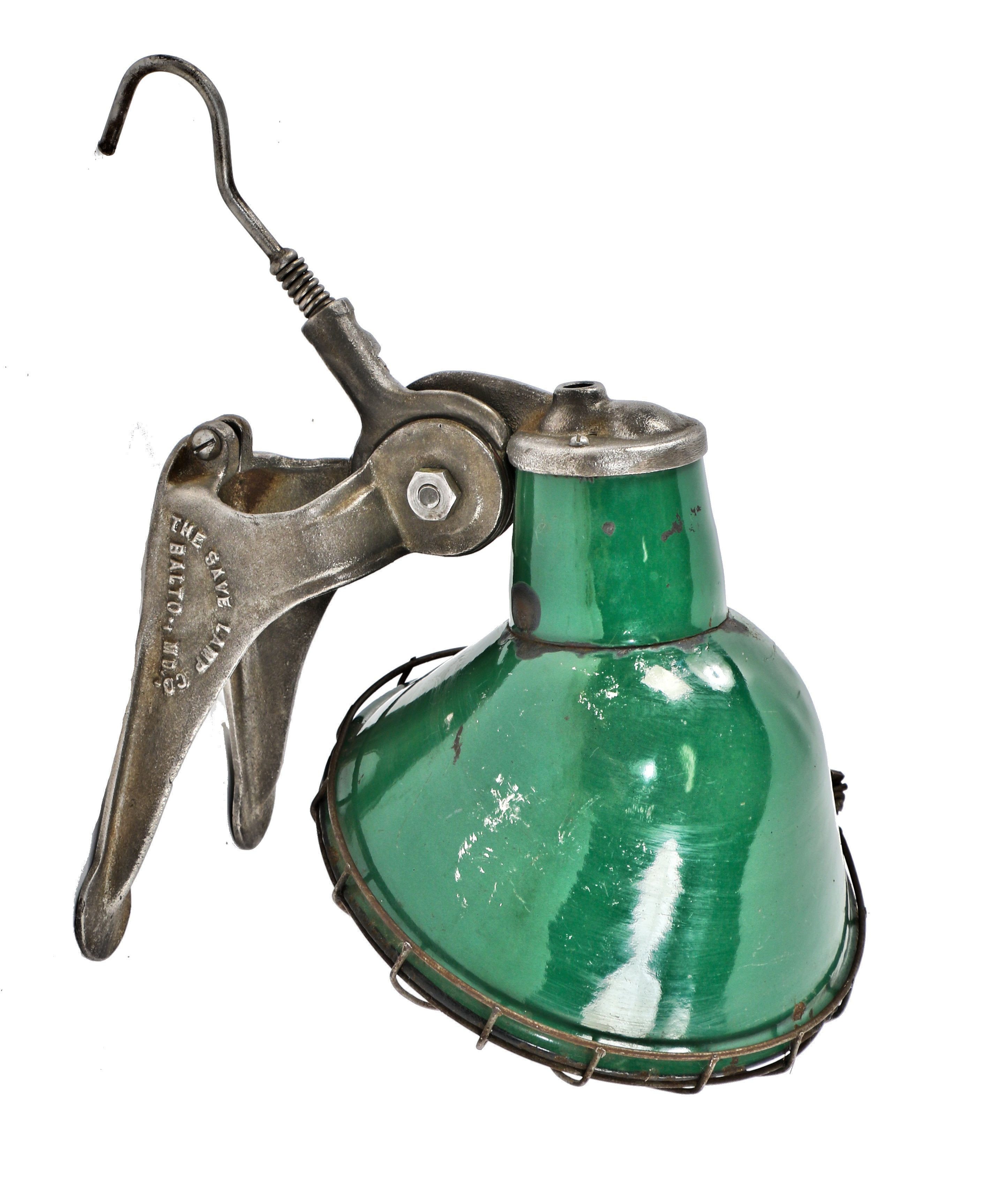 highly sought after all original "save lamp" depression era portable service station green porcelain enameled reflector with refinished cast iron bracket and spring-loaded hook