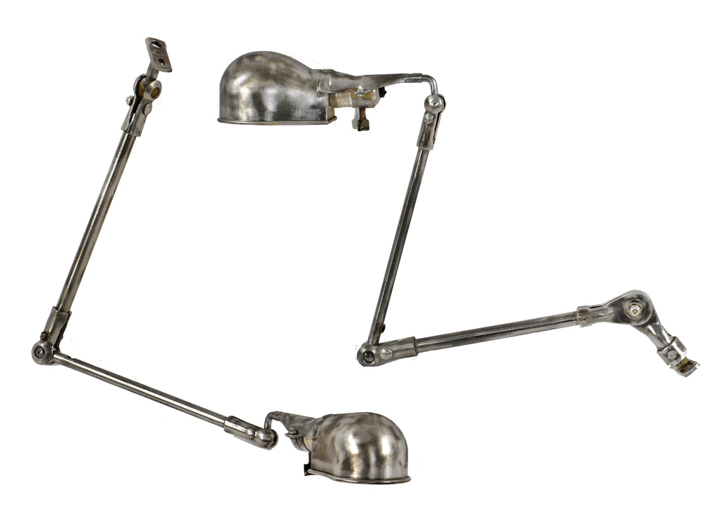 one of two highly sought after refinished and rewired antique american industrial articulating ball joint fostoria "localite" desk or workbench task lamp with "helmet" shade