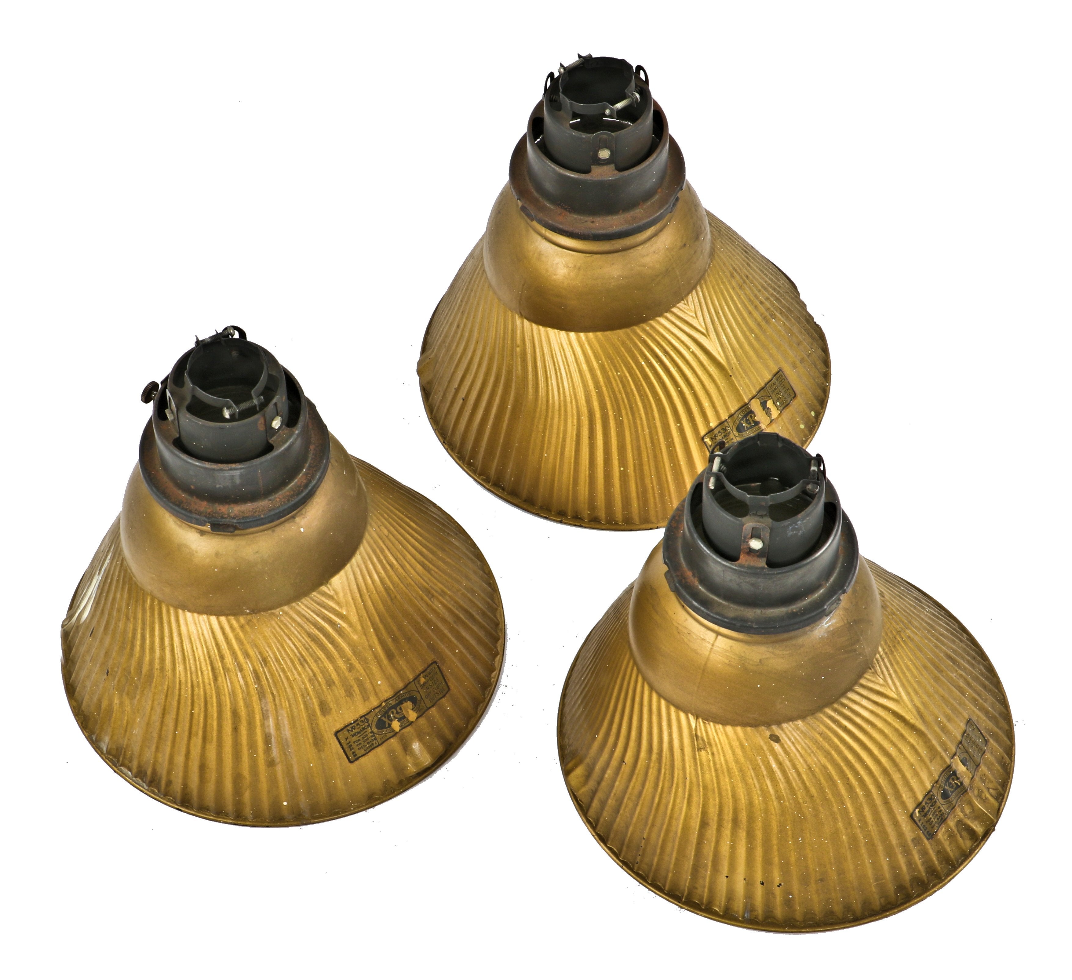 TWO matching all original and intact early 20th century antique american "monarch" curtis x-ray showroom reflectors with intact "golden armor" enameled finish