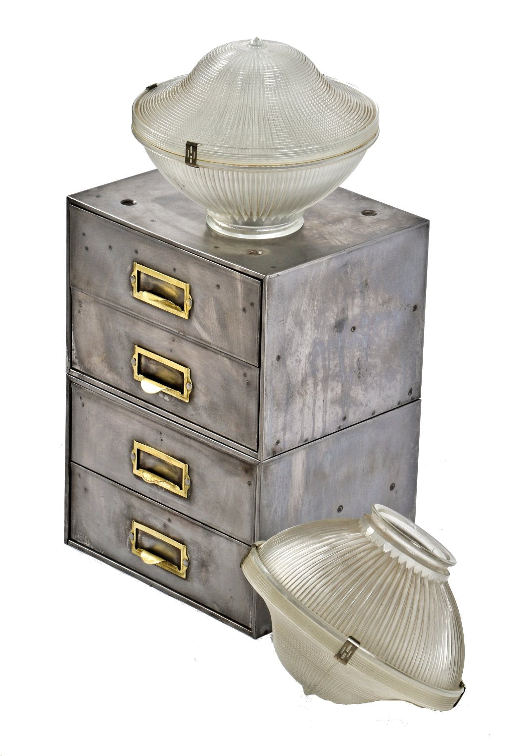 heavily compartmentalized c. 1920's original antique american industrial three-unit stackable refinished metal cabinet with integrated brass drawer pulls and label holders