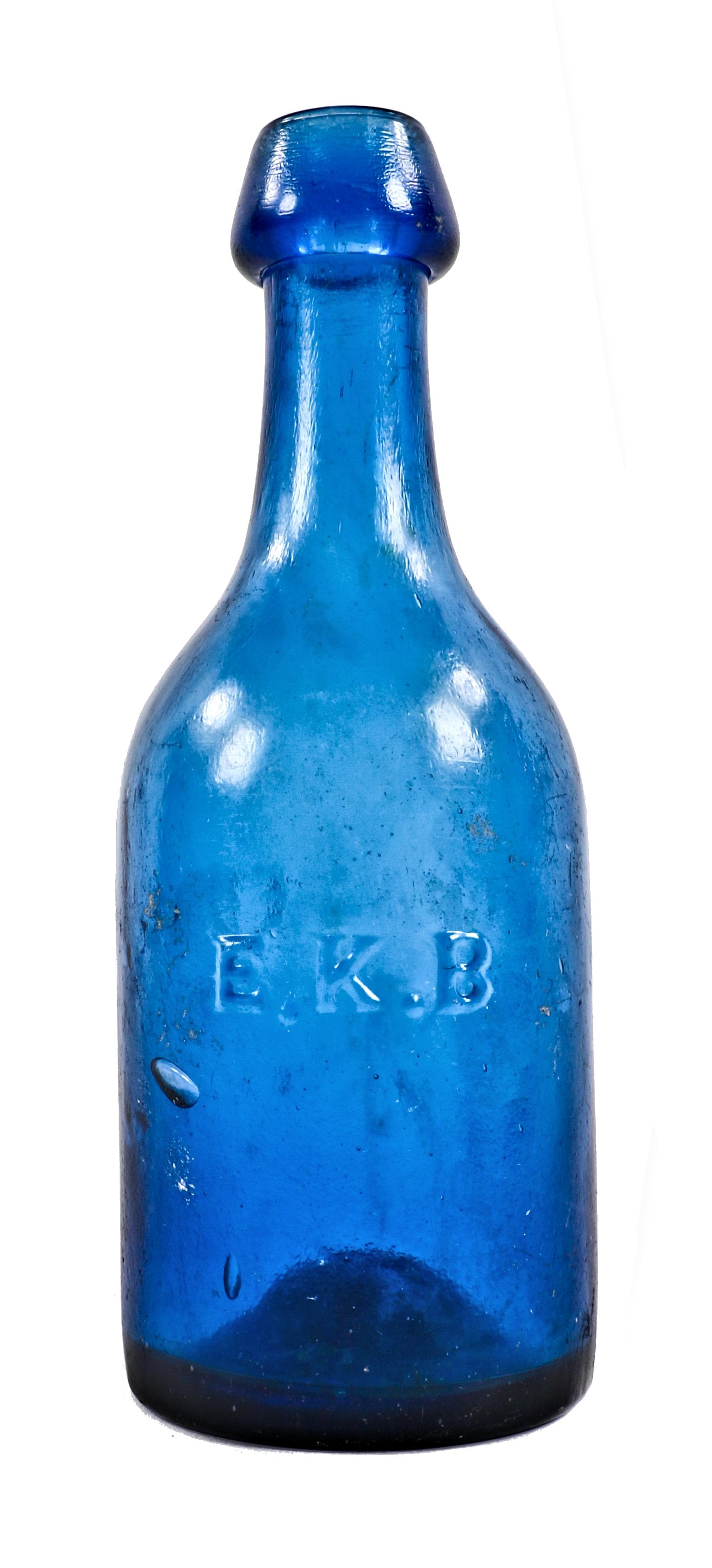 rare and completely intact antique american early 1850's cobalt blue iron-pontiled chicago blobtop e.k. bebbington "aerated sodawater" glass bottle with heavily whittled neck