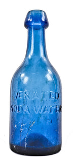 rare and completely intact antique american early 1850's cobalt blue iron-pontiled chicago blobtop e.k. bebbington "aerated sodawater" glass bottle with heavily whittled neck