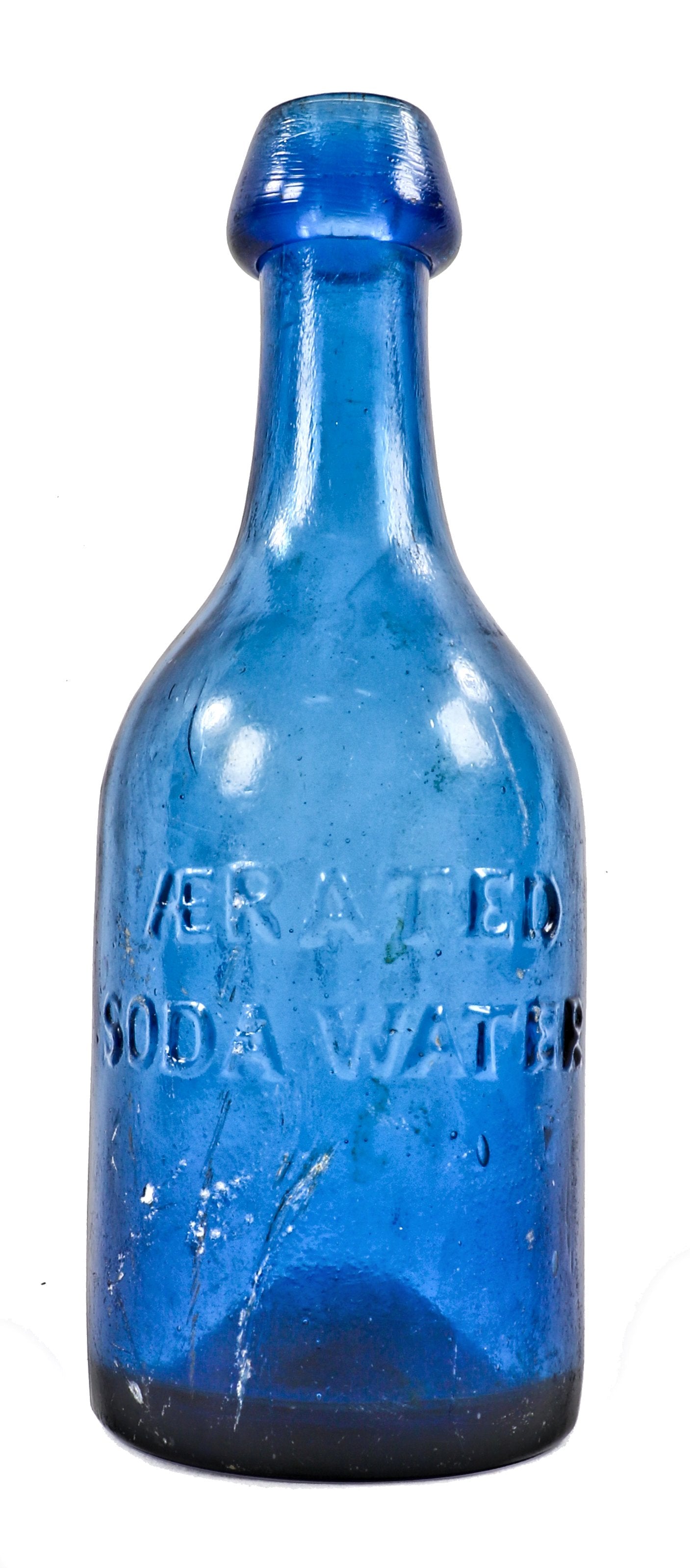 rare and completely intact antique american early 1850's cobalt blue iron-pontiled chicago blobtop e.k. bebbington "aerated sodawater" glass bottle with heavily whittled neck