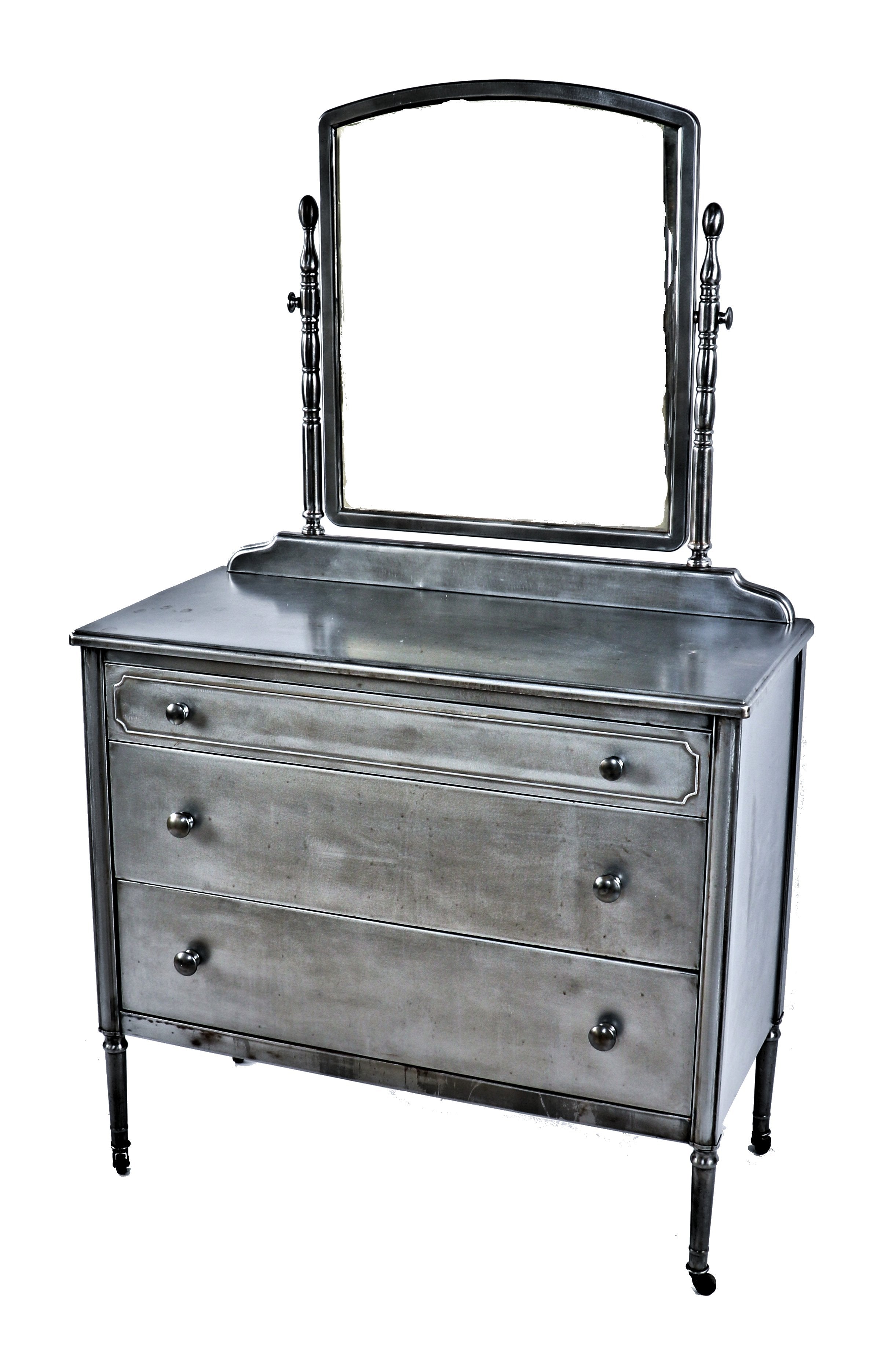 completely refinished antique american industrial depression era brushed heavy gauge steel "low boy" simmons multi-drawer cabinet with original tilting mirror