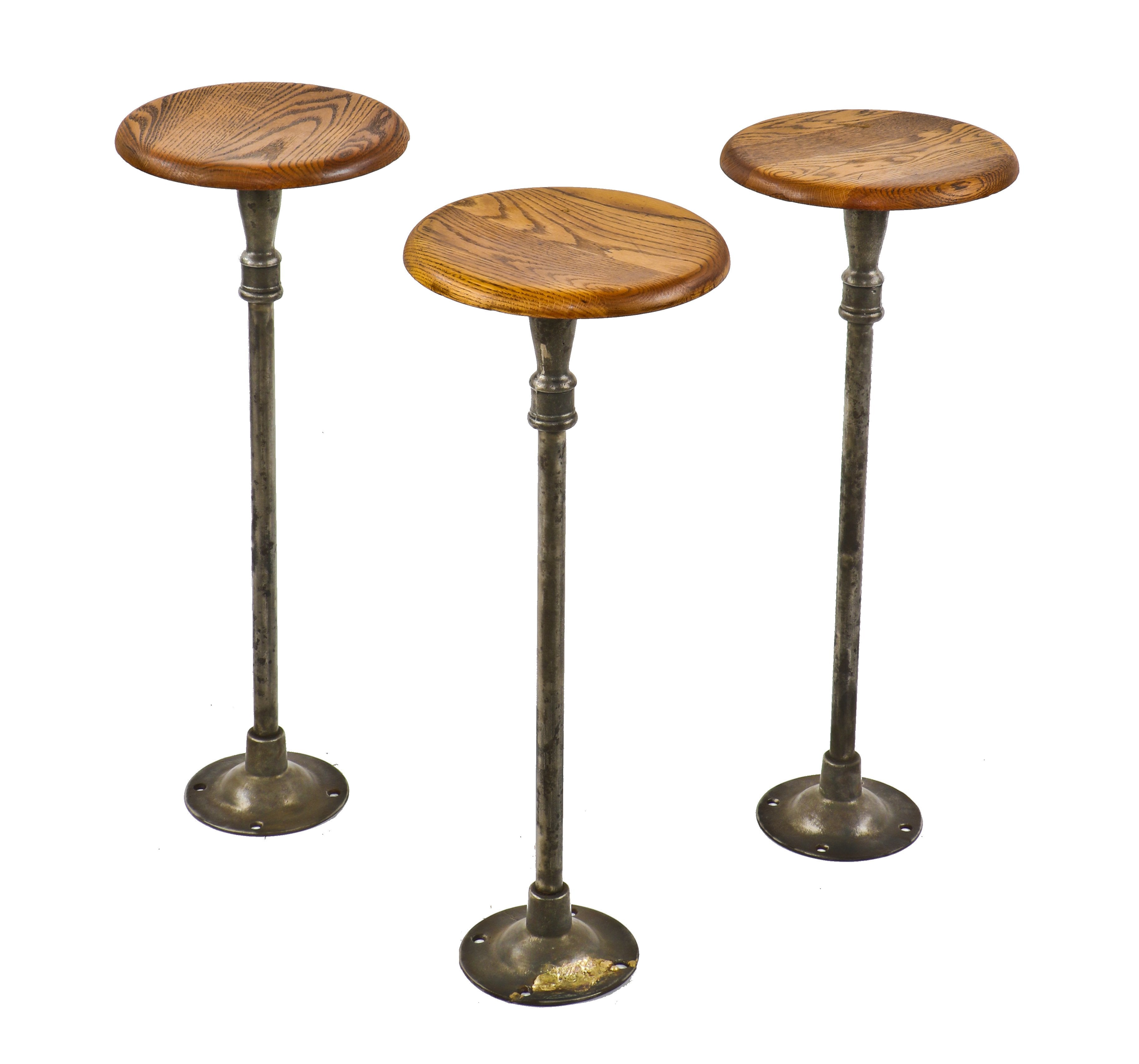 group of three all original american industrial freestanding c. 1920's hotel drake "italian room" soda fountain albert pick stools with intact solid oak wood swivel seats