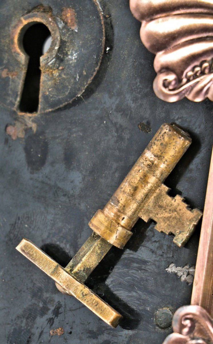 original 19th century ornamental wrought brass salvaged chicago "roanoke" pattern pocket door set with key