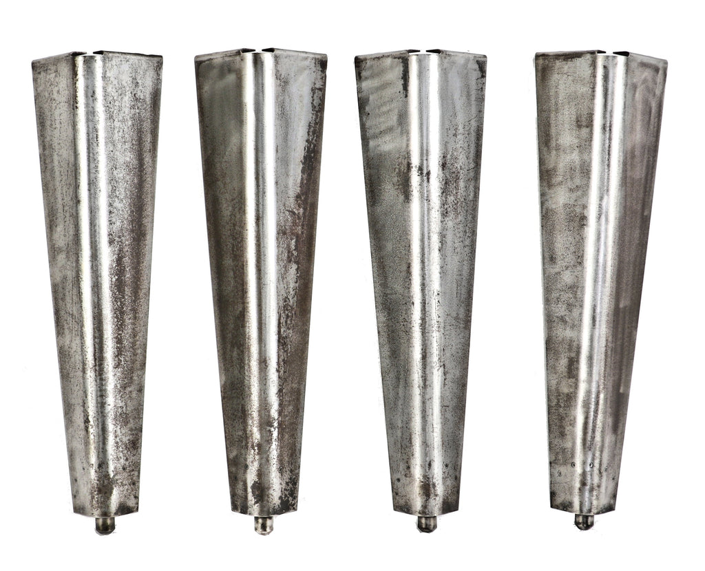 group of four matching all original american industrial reinforced brushed metal steel machine shop drill press table legs with distinct curved profile