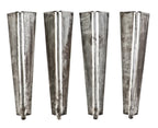 group of four matching all original american industrial reinforced brushed metal steel machine shop drill press table legs with distinct curved profile