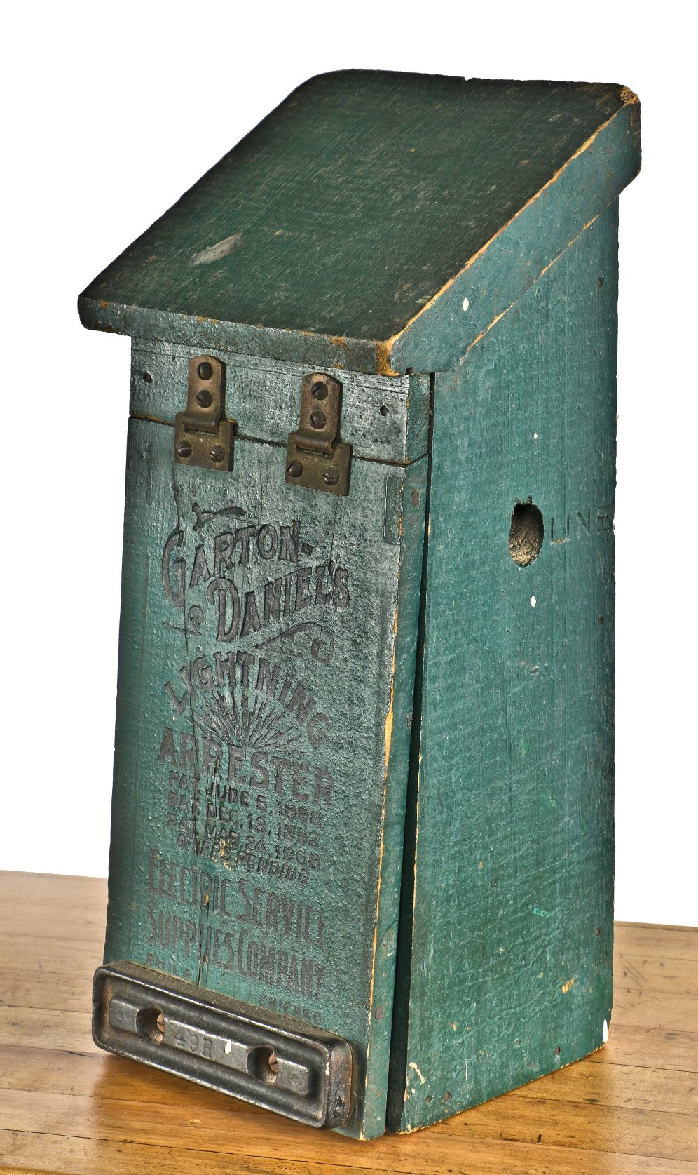 original c. 1908-10 antique american industrial surface mount "garton-daniels" green painted pine wood lightning hinged arrester box with incised black letttering