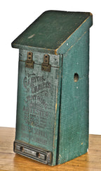 original c. 1908-10 antique american industrial surface mount "garton-daniels" green painted pine wood lightning hinged arrester box with incised black letttering